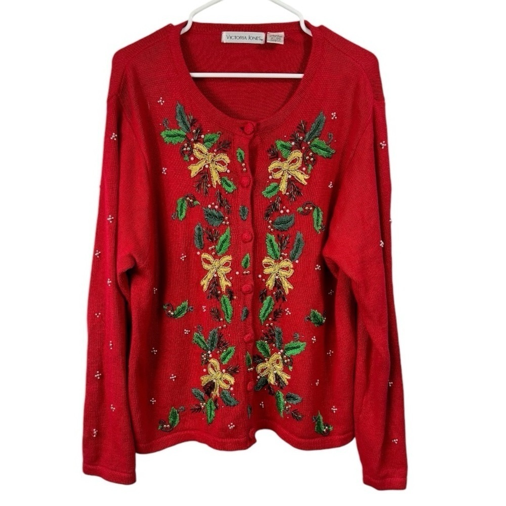 Vintage Victoria Jones Size Large Beaded Christmas Cardigan Sweater Holly Bows